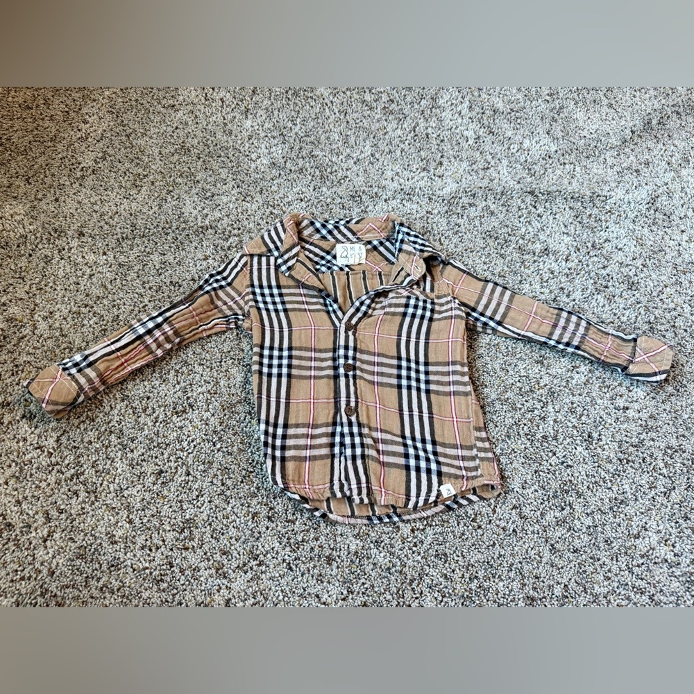 Me & Henry Toddler Atwood Woven Button Down Brown, Black, White & Red Checkered